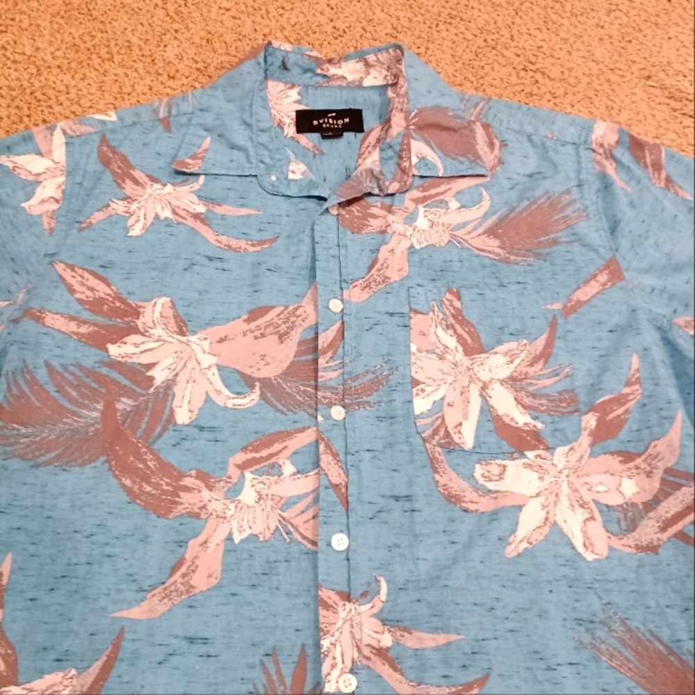 Blue Floral Hawaiian Short Sleeve Button Down Shirt Mens Size L